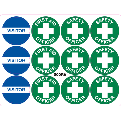 Sign, 50mm, S/A Pkt 12 – Visitor, First Aid Officer, Safety Officer