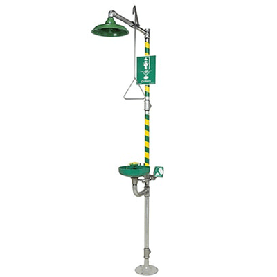 Emergency Shower with Eye/Facewash, S/S Pipe, Green ABS Bowl & Inline Strainer