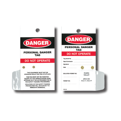 Personal Danger Tag – Poly with Clear Vinyl Pocket – Red/Black – Printed both Sides – PK/100