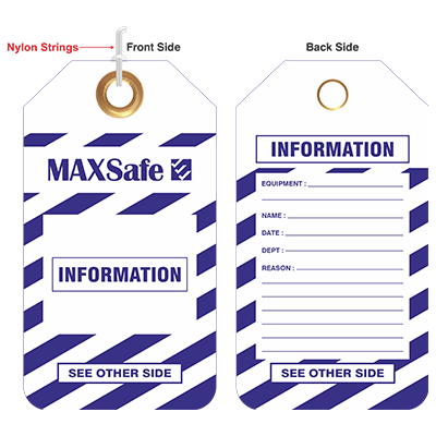 Information Tags – PK/100 – Tear Proof – c/w Eyelet & String (White B/G Blue Text)