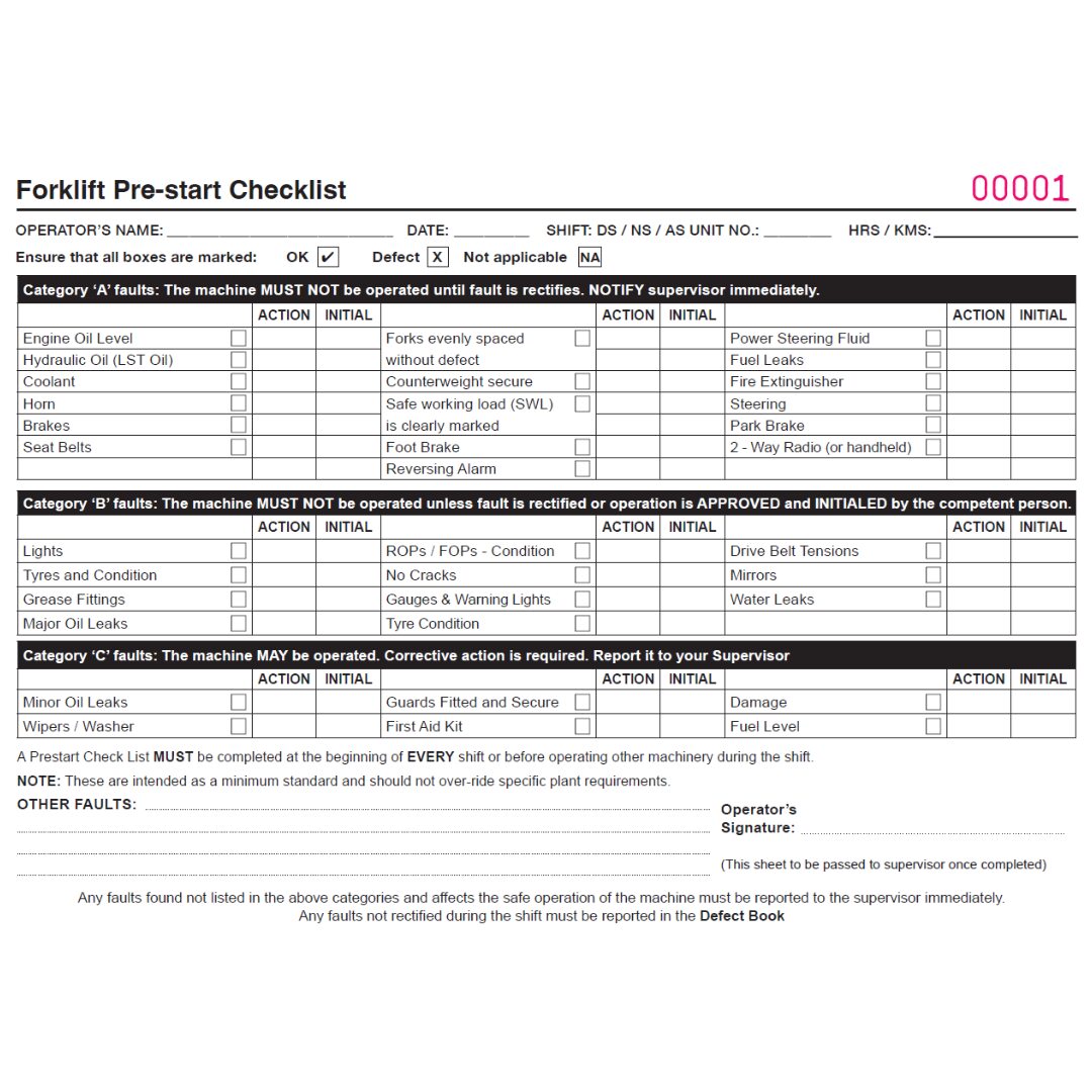 Pre-Start book – Forklift – A5 Landscape – 50 sets per book – Sequentially Numbered Pages