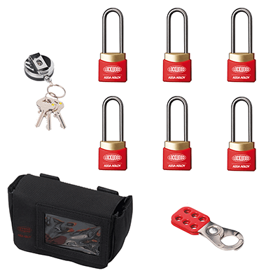 Lockwood 312 Lockout Kit – Holder and 6 x Padlocks Keyed Alike, 1 x Retractable Steel line Keyring and Key, 1 x Lockout Jaws