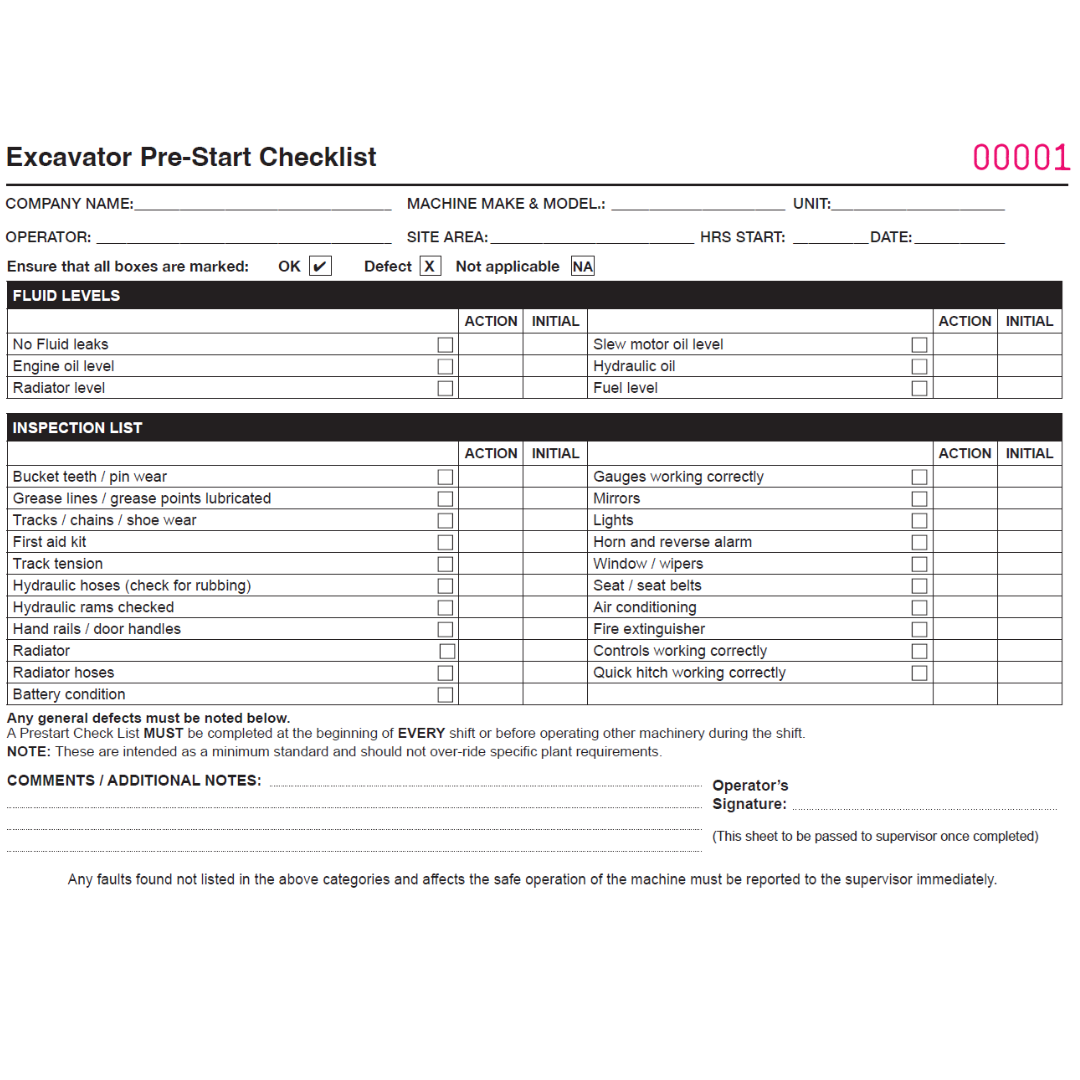 Pre-Start book – Excavator – A5 Landscape – 50 sets per book – Sequentially Numbered Pages