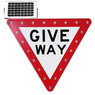 750mm Give Way Solar Sign, with Flashing LED Lights – Aluminium & 3M Reflective – C/W Strut