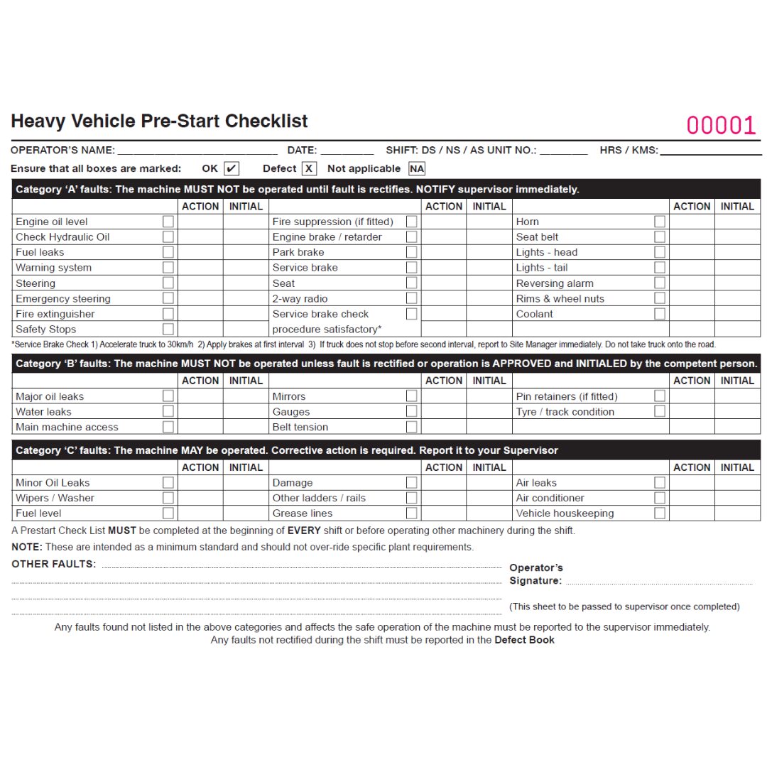 Pre-Start book – Heavy Vehicle – A5 Landscape – 50 sets per book – Sequentially Numbered Pages