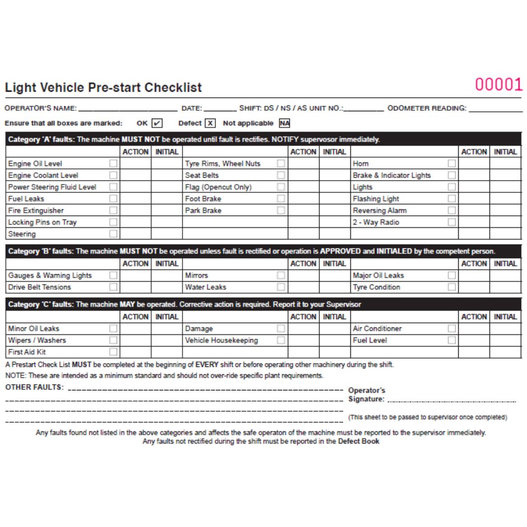 Pre-Start book – Light Vehicle – A5 Landscape – 50 sets per book – Sequentially Numbered Pages