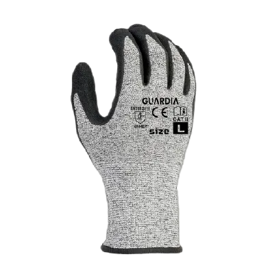 GUARDIA Cut E Resistant Gloves, 13G A5 Grey Liner, Double Dipped Sandy Nitrile Palm Coating, EN388:2016 4X44E, Size 8 to 12