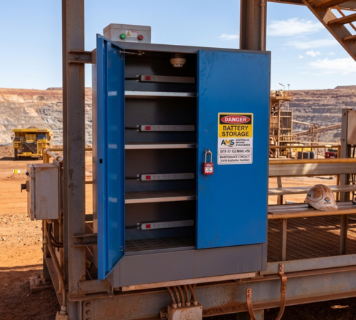 Lithium-ion battery storage and charging cabinet with doors open on a mine site
